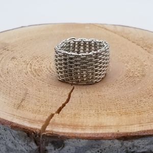 Sterling Silver Wide Mesh Woven Ring Band Unisex Style 925